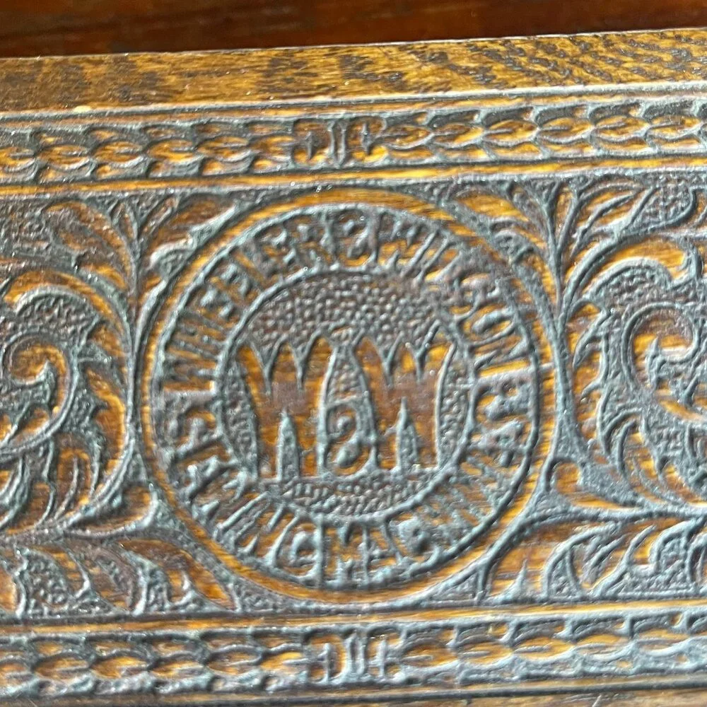 Antique Handcarved Oak Wood Wheeler & Wilson Jewelry Box c. 1890